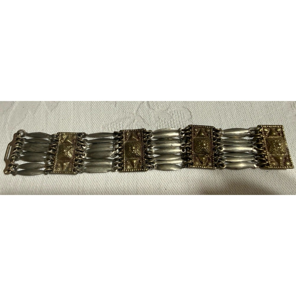 Vintage Mexico Silver Wide 7 1/2" Multi LAYER Panel Link BRACELET AZTEC #2